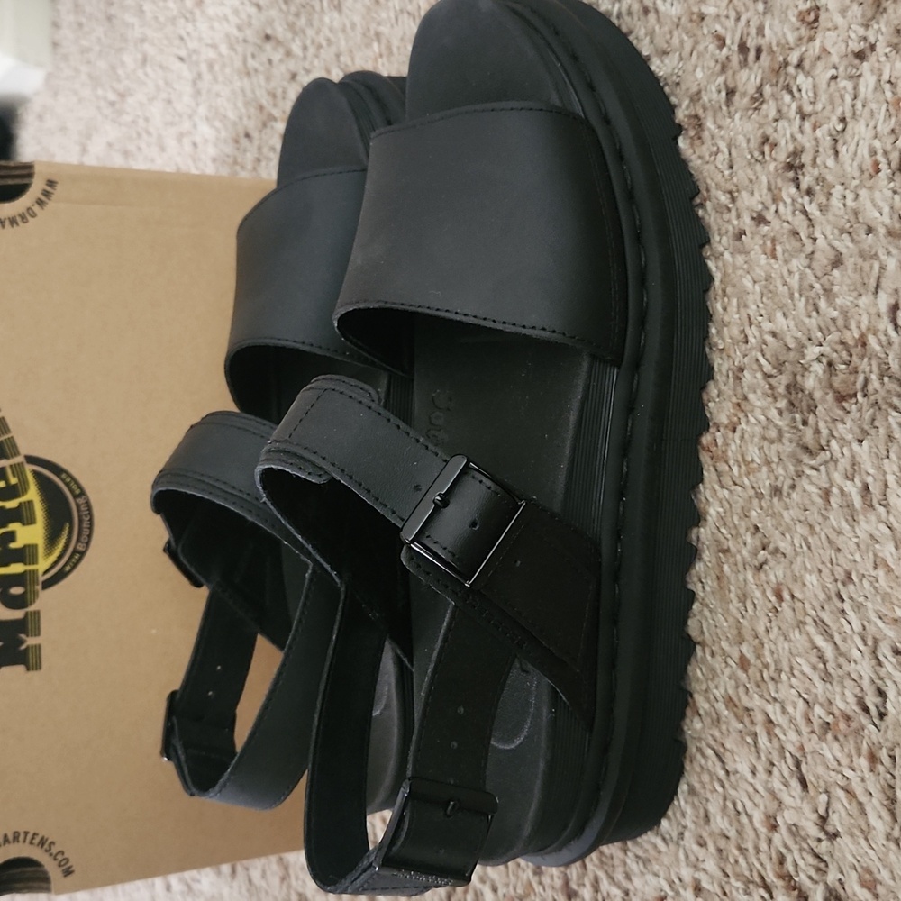 Dr. Martens Black Hydro Leather Voss Platform Sandals - Picture 2 of 8